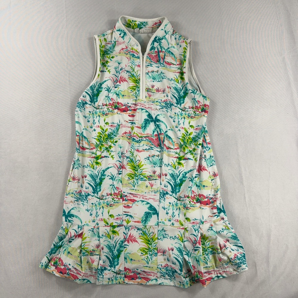 Sigrid Olsen Golf & Tennis Dress Tropical Palm Print Sleeveless Small Hem Womens